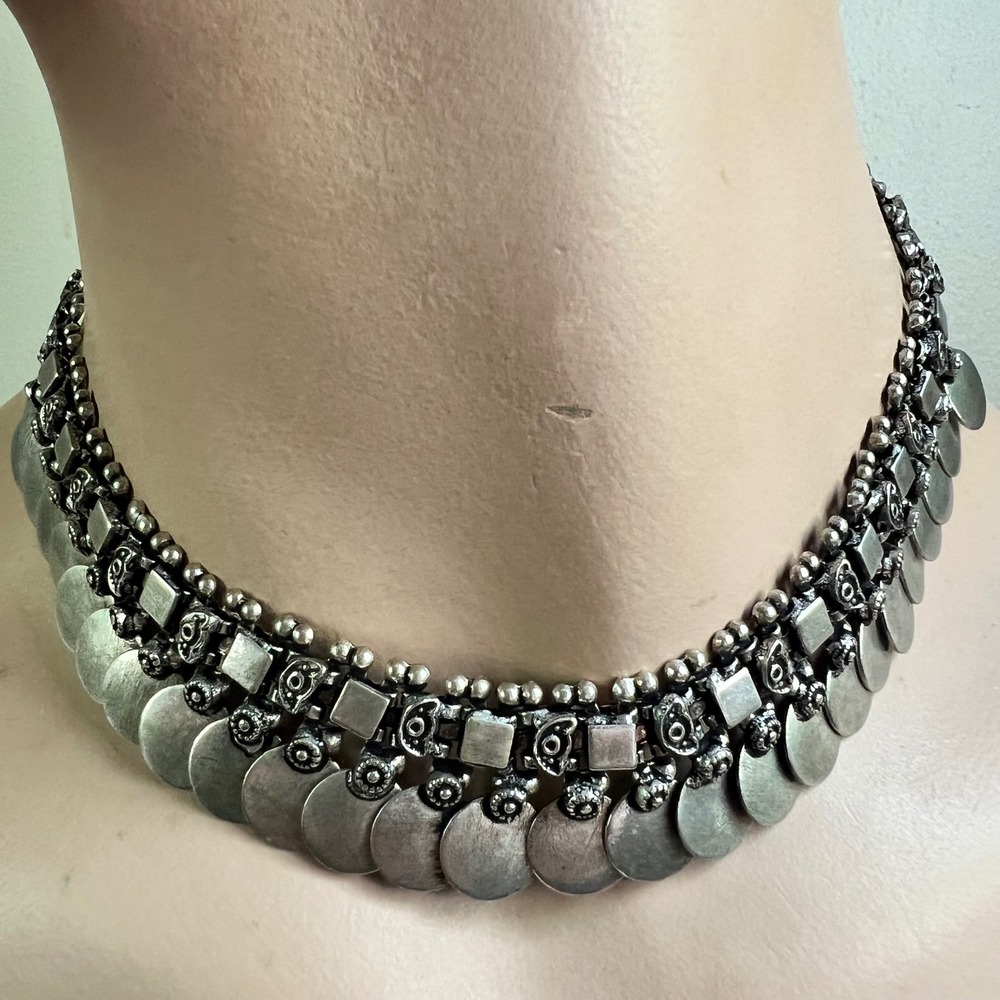 Silver Tone Coin Fringe Statement Choker Necklace 20 Inch EthnoCore